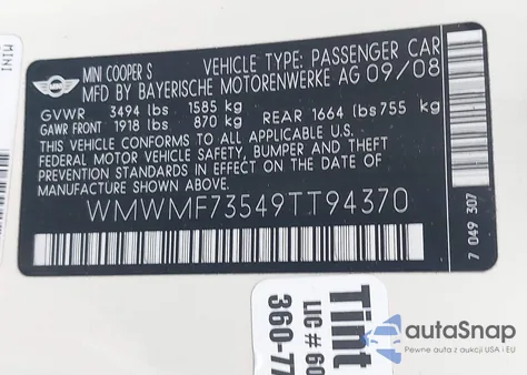 2009 Mini Cooper S z USA, uszkodzony, nr VIN WMWMF73549TT94370